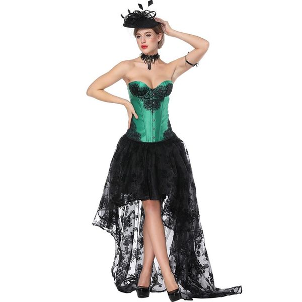 Disfraz de Halloween para mujer, corsé por encima del pecho con encaje de pestañas y malla floral negra Hi-lo Long Skir S-XXL, vestido con corsé burlesco, conjunto de 2 piezas