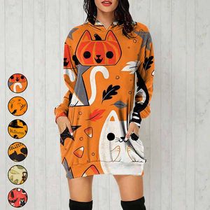 Femmes Halloween Hoodies Robe Automne Hiver Orange Lâche Sweat À Capuche À Manches Longues