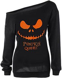 Dames Halloween Off-shoulder Sweatshirt Slouchy Shirt Pompoen Pullover Tops met lange mouwen