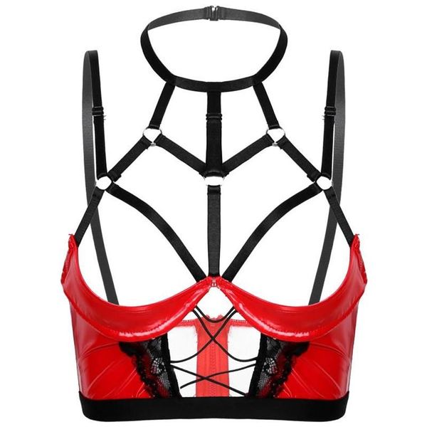 Mujeres Halter Bra Tops Lencería Látex Sexo Tanque exótico Baile en barra Disfraces sexy Ropa punk Cuero de imitación Con aros Sujetadores sin forro S292S