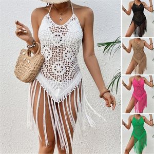 Dames halter zwempak deksel bovenaan haak bikini's backless badmode kwastjes kleed strand strandkleding