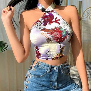 Mujeres Halter Tank Dragon Print Nudo chino Irregular Cheongsam Estilo Off Hombro Sexy Tops Ropa de moda de verano 210517