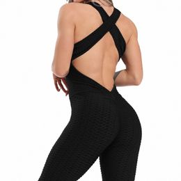 Vrouwen Halter Yoga Set Zwart Activewear Sexy Bandage Sleevel Jumpsuit Skinny Rompertjes Solid Elastic Bodyc Fitn Sport Past n1Vw #