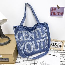 Sac à main femme 2 couleurs tous les jours Joker grand sac à bandoulière en toile sac en denim doux et confortable lettres décontractées littéraires sac messager femme 9016 #