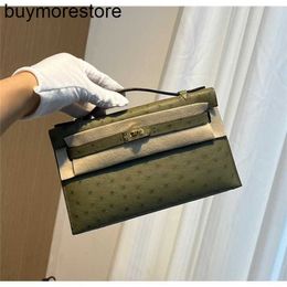 Vrouwen handtas 7a handgemaakte struisvogel huid mini -generatie salie groene dames handheld tas dinertas handsewn gouden knop