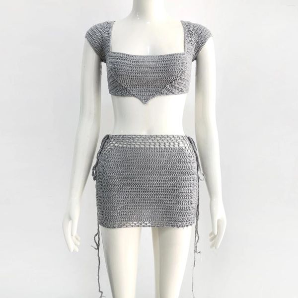 Mujeres Top de crochet hechas a mano con mini falda femenina encubierta de bikini ups de la pajarita salpicada de ropa de playa hilo gris brillante