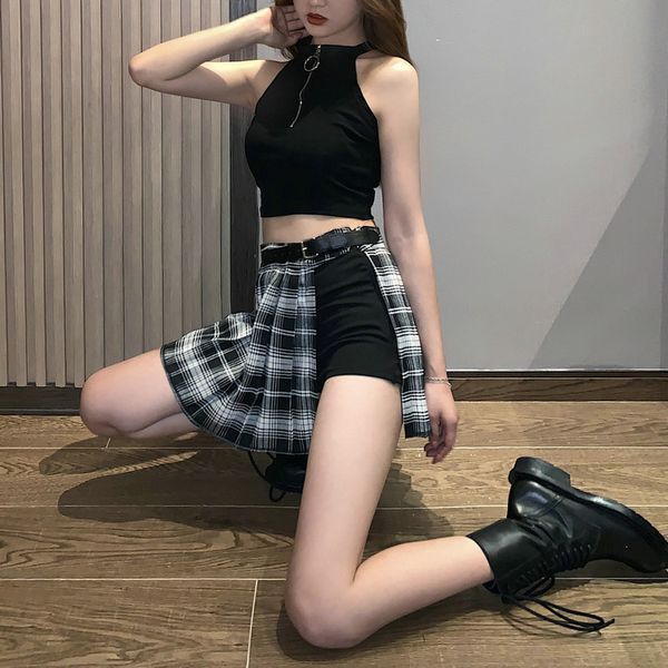 femmes Harajuku gothique noir sexy taille haute plissée punk fille avec short nouvelle jupe à carreaux d'été 210225
