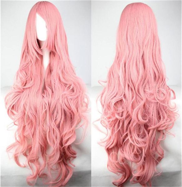 Mujer harajuku peluca de pelo ombre pastel largo rosa ondulado pelucas rizadas flequillo oblicuo 100 cm cosplay pelucas sintéticas resistentes al calor 5280462