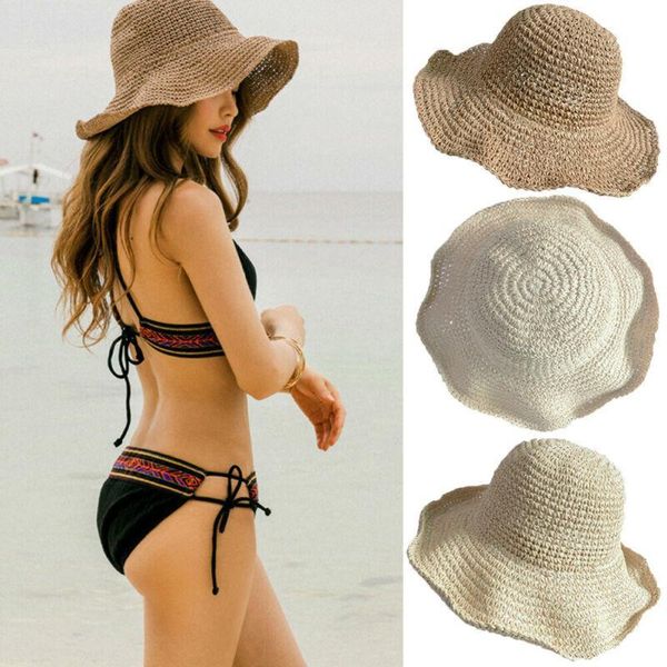 Sombrero de ala ancha para mujer, sombreros de playa de paja, sombreros plegables flexibles para exteriores, protección solar