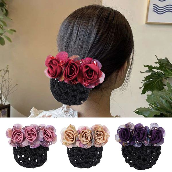 Horquillas de flores para la cabeza para mujer, accesorios para el cabello, moño de ganchillo, redecilla para el pelo, Clip profesional con lazo, tocados