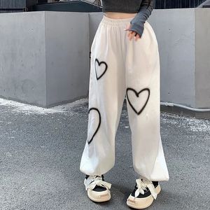 Femmes coeur impression pantalons de survêtement lâche droite Joggers taille haute pantalon large surdimensionné Streetwear coréen Y2k Hip Hop pantalon 240129