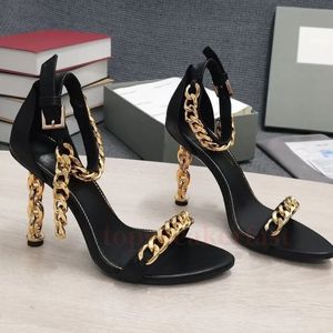 Vrouwen hakken Prefect TOMFORDS metalen hangslot sleutelhanger sandalen vrouwen lederen sandalen luxe designer hakken satijnen boorgesp