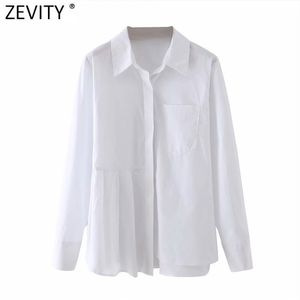 Vrouwen zoom geplooid onregelmatige ontwerp witte Smock blouse kantoor dames lange mouw zak shirt chique blusas tops LS7693 210416
