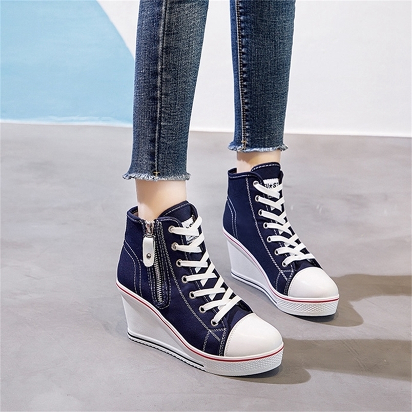 Women Hidden Wedge Invisible Heel Canvas Shoes Female Wedge Side Zipper Increased Casual High Breathable Platform Sneakers 220330