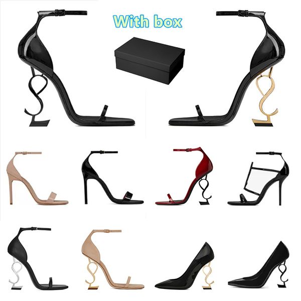 Zapatos de vestir de tacón alto para mujer Diseñador de charol de lujo Tono dorado Triple Negro Blanco Gamuza Sandalias de moda para mujer Fiesta informal Bombas de oficina para bodas