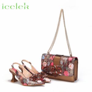 Femmes High Heels Sandales Impression de fleurs Matériau avec strass de conception italienne Couleur de café pointu et sacs Set 240130