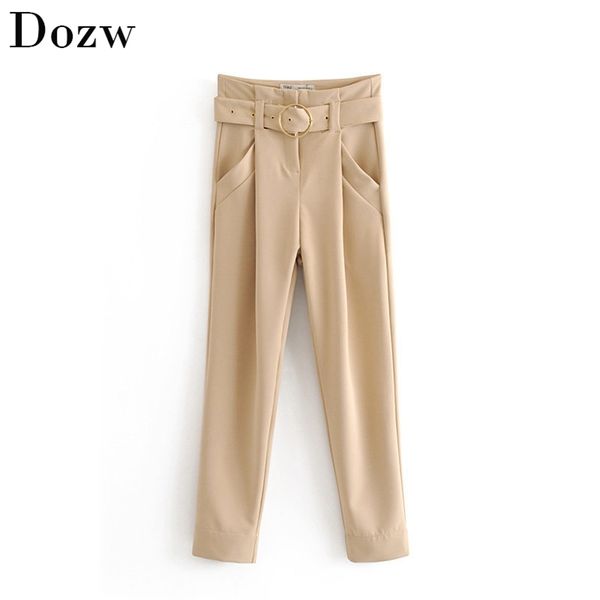 Femmes haute kaki taille pantalon avec ceinture élégante dame bureau solide costume mode bas femme pleine longueur pantalon plissé 210515