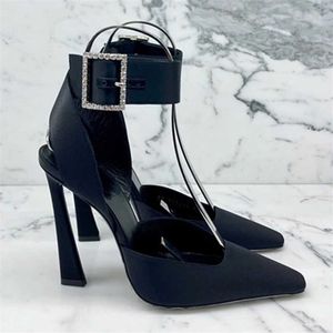 Femmes High Square Black Pumps Piste vers les talons Satin Gladiateur Sandales Sangle de la cheville Party Dames Stiletto T