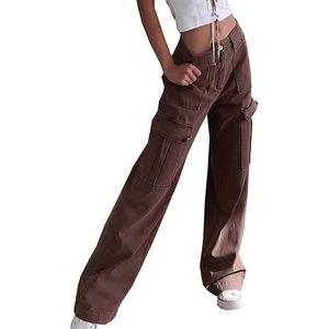 Femmes taille haute Baggy Jeans Vintage poche à rabat lâche coupe décontractée droite jambe large mode Cargo Denim pantalon