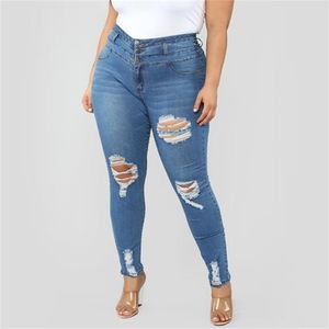 Vrouwen hoge taille casual jeans gewassen noodlijdende gescheurde skinny jeans plus size denim broek damesgat potloodbroek 210302