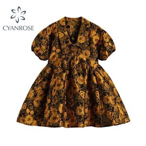 Vrouwen hoge taille jurk zomer vintage elegante Koreaanse chique gele bloem borduurwerk sundress korte mouw jurken vrouwelijke 210515