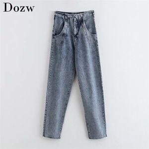 Vrouwen hoge taille mode blauwe jeans Harajuku geplooid lange moeder broek dames casual zakken denim broek streetwear 210515