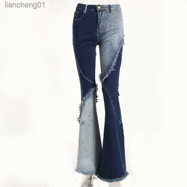 Femmes taille haute Flare Jeans Bootcut ourlet brut frange Slim Fit décontracté cloche bas taille haute Denim pantalon L230619