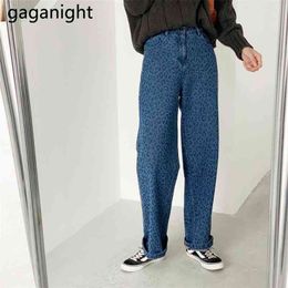 Pantaloni jeans a vita alta da donna Casual Leopardo allentato Blu Harajuku Denim Vintage Wide Leg Fashion Toursers 210601