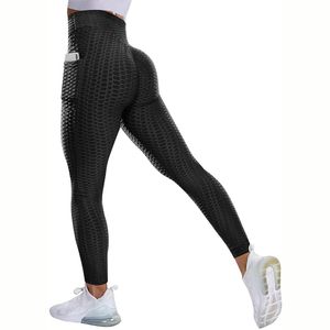 Leggings de cintura alta para mujer con bolsillo sin ver a través de deporte grueso Fitness Legging Butt Lifting Seamless Panties Workout Gym Pants 211014