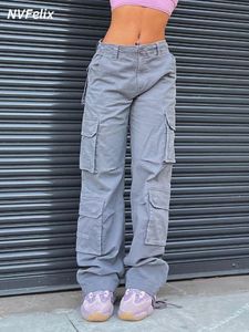 Femmes taille haute jambe large Baggy jean poche latérale Vintage Y2K Cargo pantalon petit ami pantalon ample Streetwear mode salopette 240301