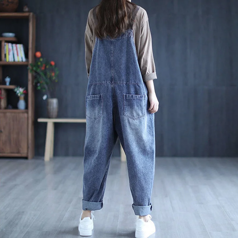 Kvinnor hög midja bred ben denim jumpsuit casual jeans med fickor långa overaller vintage lösa jeans streetwear lastbyxor c441