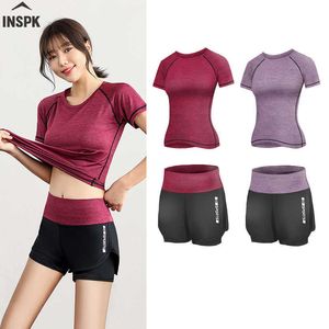 Vrouwen High-tailled Sport Shorts + T-shirt, Elastische FitnyOga-kleding Sets 2-delige Gym Set voor Push-up Running Training X0629