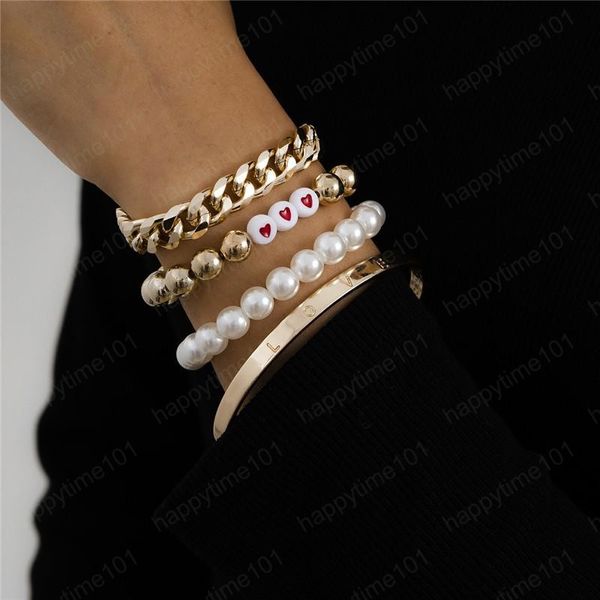 Femmes Hip Hop Coeur Perle Perles Brins Bracelets Chaîne En Métal En Aluminium Européen Amour Lettrage Bracelet Cadeau De Saint Valentin Punk Main Bijoux Ensembles Accessoires