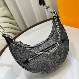 Mujer Hobo Armpit Bag Loop Bolsos Monedero Media luna Crossbody Bolsos Old Flower Letters Cierre de cremallera Hardware plateado Correa extraíble Cadena Jacquard Tannic Fabric