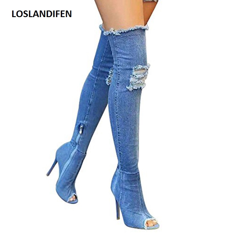 Damskie buty dżinsowe z dziurami letnia jesień Peep Toe buty do kolan jakość wysokie elastyczne dżinsy modne szpilki Plus rozmiar