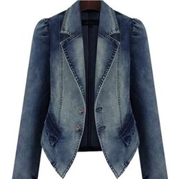 Vrouwen gat pocket knop denim jas patchwork turn-down kraag groot formaat waardig herfst winterjas mode 210922