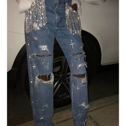 Femmes trous jeans jeans perles décaration pantalon denim plus taille vintage décontracté jean déchiré