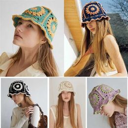 Chapeau de pêcheur tricoté à fleurs creuses pour femmes, chapeau de bassin assorti au Crochet fait à la main, protection solaire de printemps et d'été, Panama 22011344p