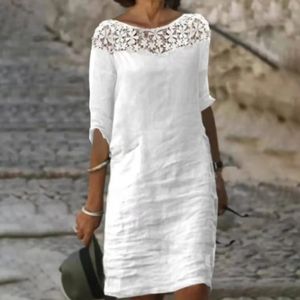 Mujeres huecas salidas boho vestidos blancos de verano encaje de la moda vestidos de playa sueltos elegantes damas casuales midi 240418