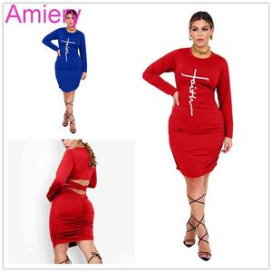 Dames Holle Jurk Designer Geplooide Letters Gedrukt Lange Mouw Backless Tight Jurken Party Nightclub Plus Size Kleding