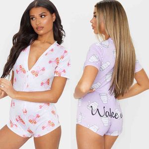 Femmes Home Combishorts Summer Sexy Col V-Col V-Col à manches courtes Lettre Imprimer Slim Romper Sweet Sexy Dames Boutons Bodycon Pyjamas Combinaison 210507