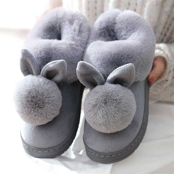 Femmes Maison Pantoufles Oreilles De Lapin De Bande Dessinée Belle Glissement Sur Semelle Épaisse Hiver Chaud Maison Coton Chaussures Dames Filles Intérieur Fourrure Diapositives 211229