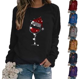 Vrouwen hoodie vrouwelijke kerst lange mouw rode wijn cup print ronde hals top elegante dame losse multiColor herfst kleding 210522