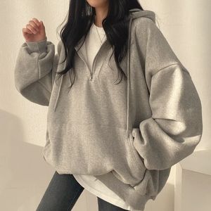 Sweat à capuche pour femmes, Harajuku, ample, surdimensionné, haut de couleur unie, demi-fermeture éclair, décontracté, manches longues, poches, manteaux à capuche, 240116