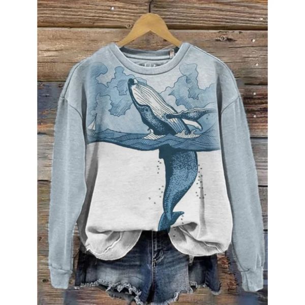 Sweat à capuche pour femmes rétro col rond motif baleine impression 3D sweats automne hiver à manches longues t-shirt femme pull ample hauts 240105