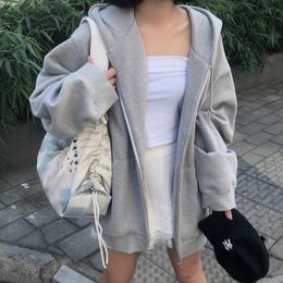 Sweat à capuche pour femme Harajuku Version coréenne Zip Up sweats surdimensionnés décontractés couleur unie à manches longues sweat à capuche manteaux