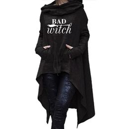 Vrouwen Hoodies Lange Onregelmatige Bad Witch Tops Kawaii Femmes Sweatshirts Patroon Grappige Katoen Bijgesneden Oversize Hoodies Jurk 210728