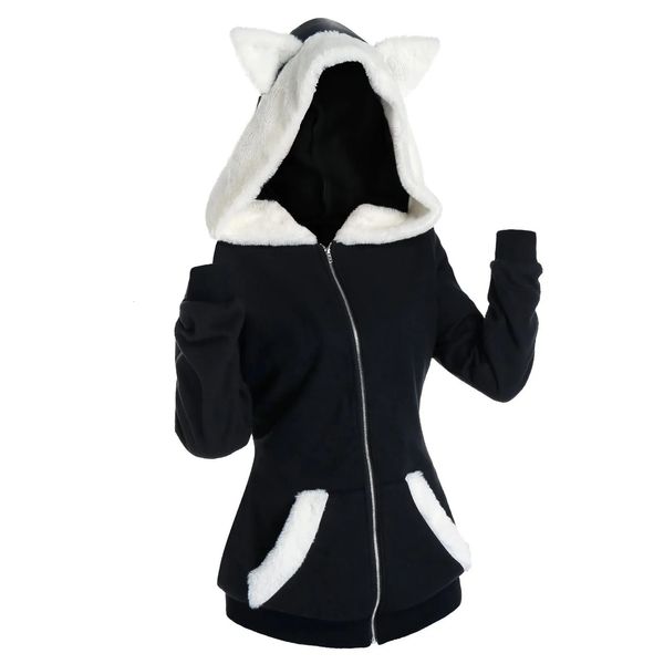 Sweat à capuche pour femmes à manches longues sweat à capuche coréen Anime Harajuku Cosplay chat oreille fausse fourrure insérer Zip Up vestes vêtements d'extérieur 240109