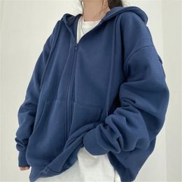 Sweat à capuche pour femme couleur unie poche zippée surdimensionné Harajuku sweat-shirts coréens femme à manches longues à capuche Streetwear haut décontracté 240113