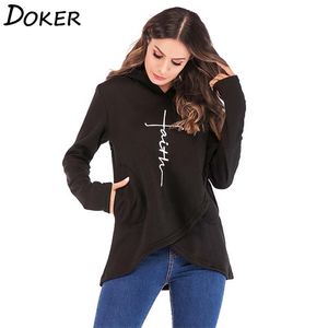 Sudaderas con capucha para mujer, jerséis bordados con cruz de fe a la moda informal de otoño e invierno, Tops de manga larga, Sudadera con capucha de gran tamaño 210805